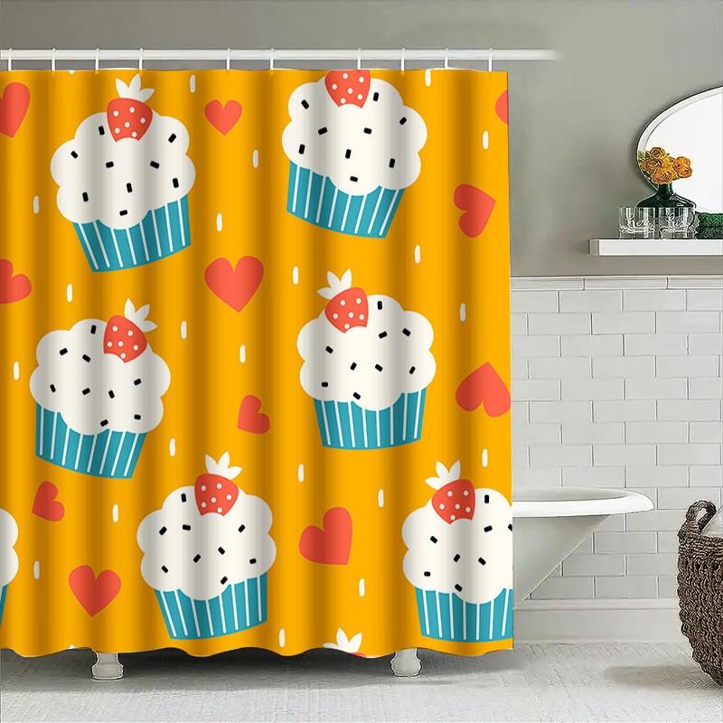 Cute Cupcake Shower Curtain Bathroom Decor With Strawberry Pattern For Kids Room Yellow Color (180X240Cm)