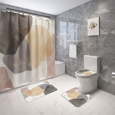 4pcs Shower Curtain Set With Shower Curtain And Rugs Abstract Block Non-Slip Bath Mat Toilet Lid Cover 12 Hooks Bathroom Decor