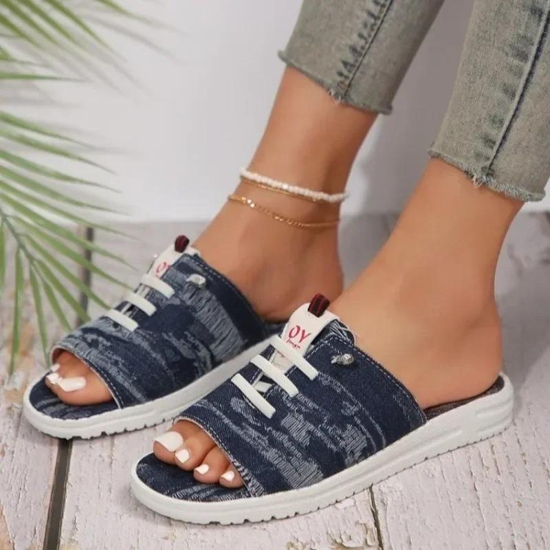 Women's Slippers Lace Up Flat Denim Beach Fish Mouth Shoes Casual Design Comfortable Femme Zapatillas Plus Size 36~43