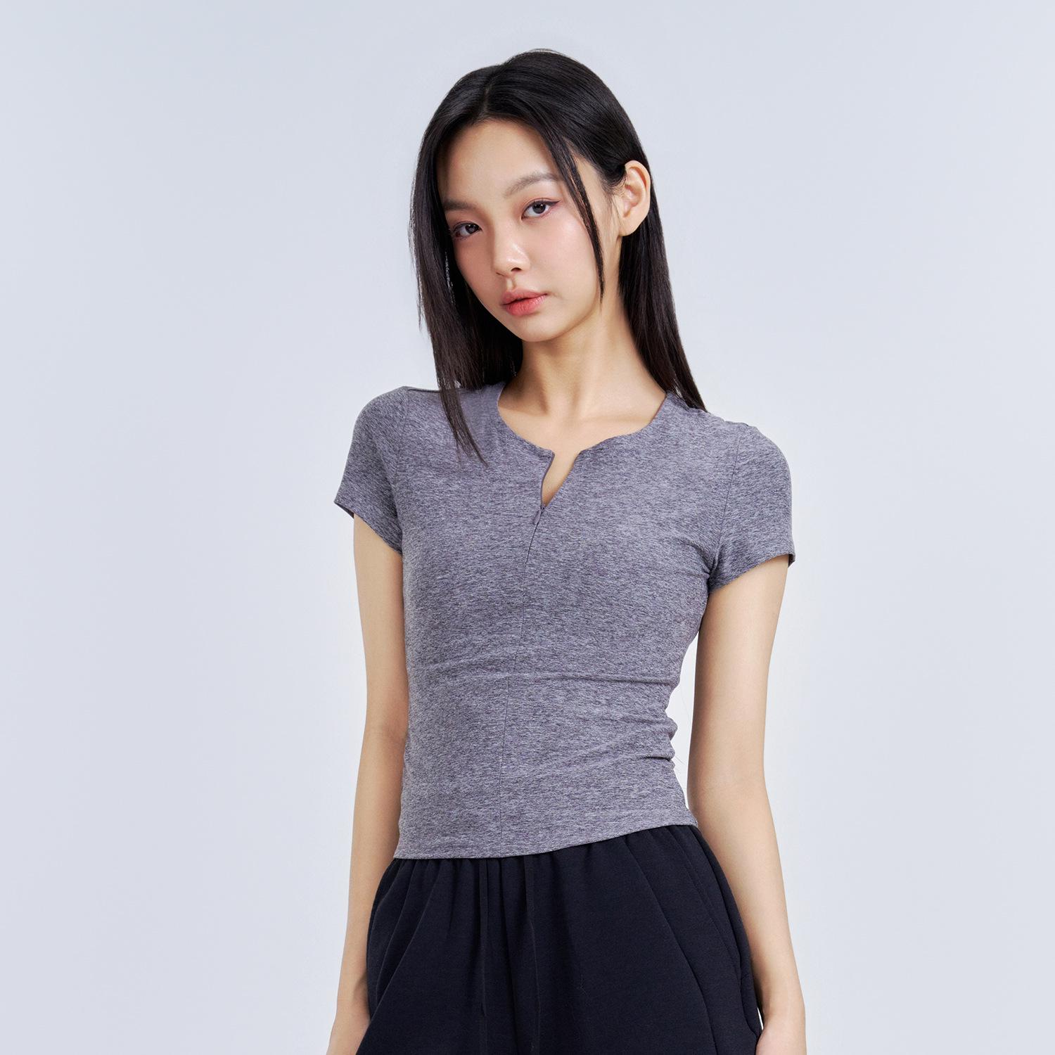 

Женская футболка для йоги облегающего кроя - с коротким рукавом, фитнес-топ для весны/лета M хизер серый