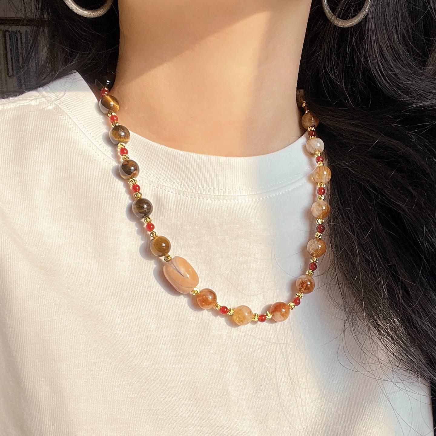 10Mm Natural Citrine Huangta Crystal Tiger S Eye Agate Design Necklace Clavicle Chain Sweater Chain