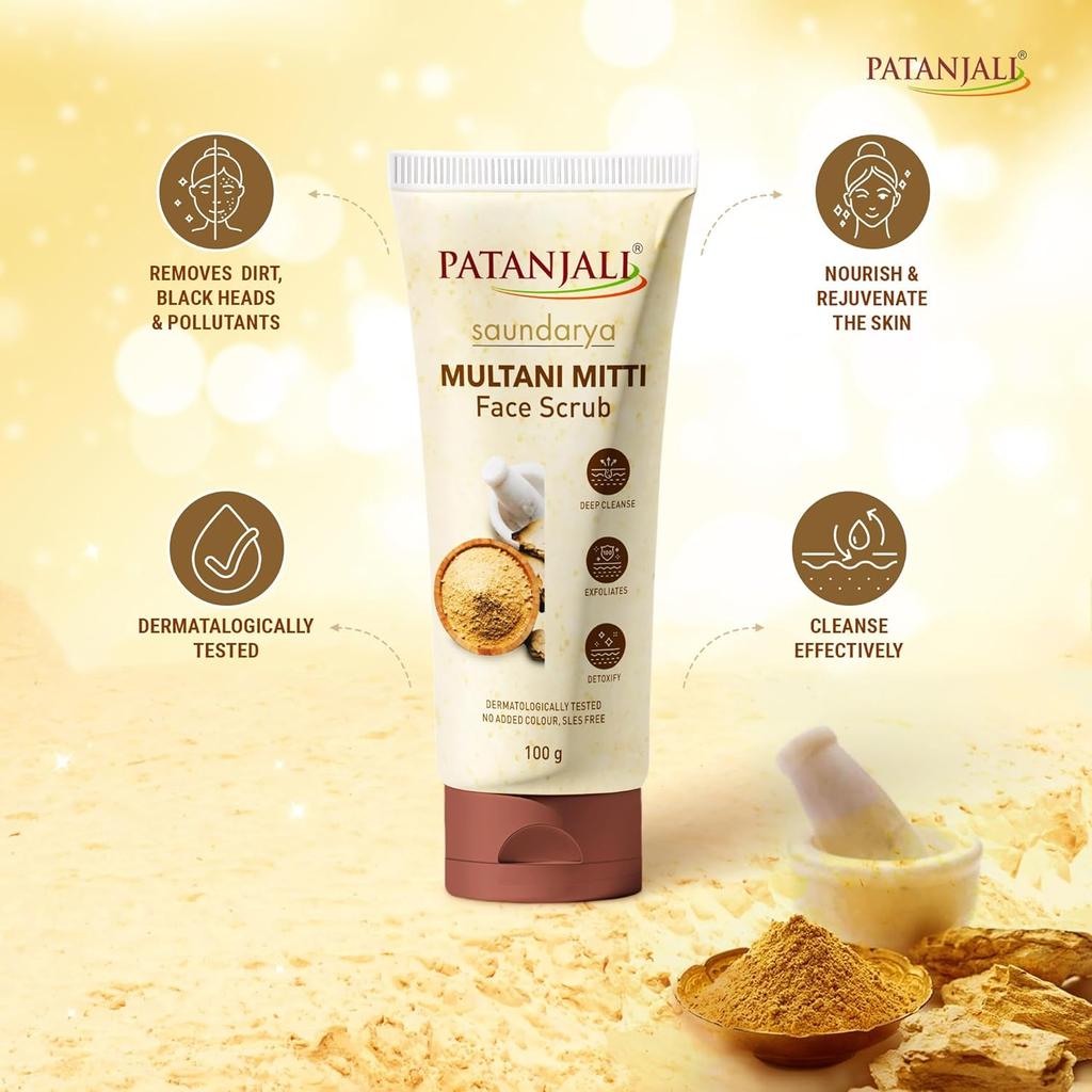 Patanjali Saundarya Multani Mitti Face Scrub 100g Pack of 1 for Glowing Smooth Natural Skin Care