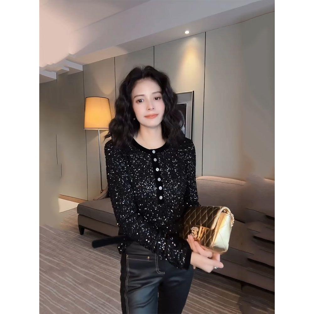 French Sequin Round Neck Black Shirt for Women Early Spring New Long-sleeved Slim Pullover