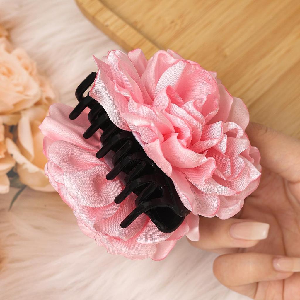 French Satin Camellia Large Hair Claw Clip - Elegant Floral Accessory