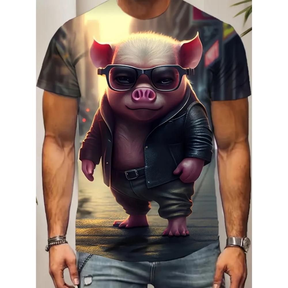 Herren Lustiges Schwein T-Shirt Niedliche Cartoon 3D Druck Kurzarm für Mann Rundhals T-Shirts Polyester Oberteile Outdoor Schnelltrocknend Herrenbekleidung