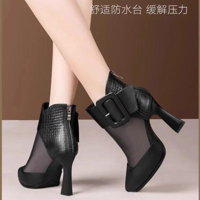 Fashion High Appearance Level Thick Sole Thick Heel Pointed Mesh Fabric Fashion All Comfortable Non-slip Breathable Women's Ankle Boots