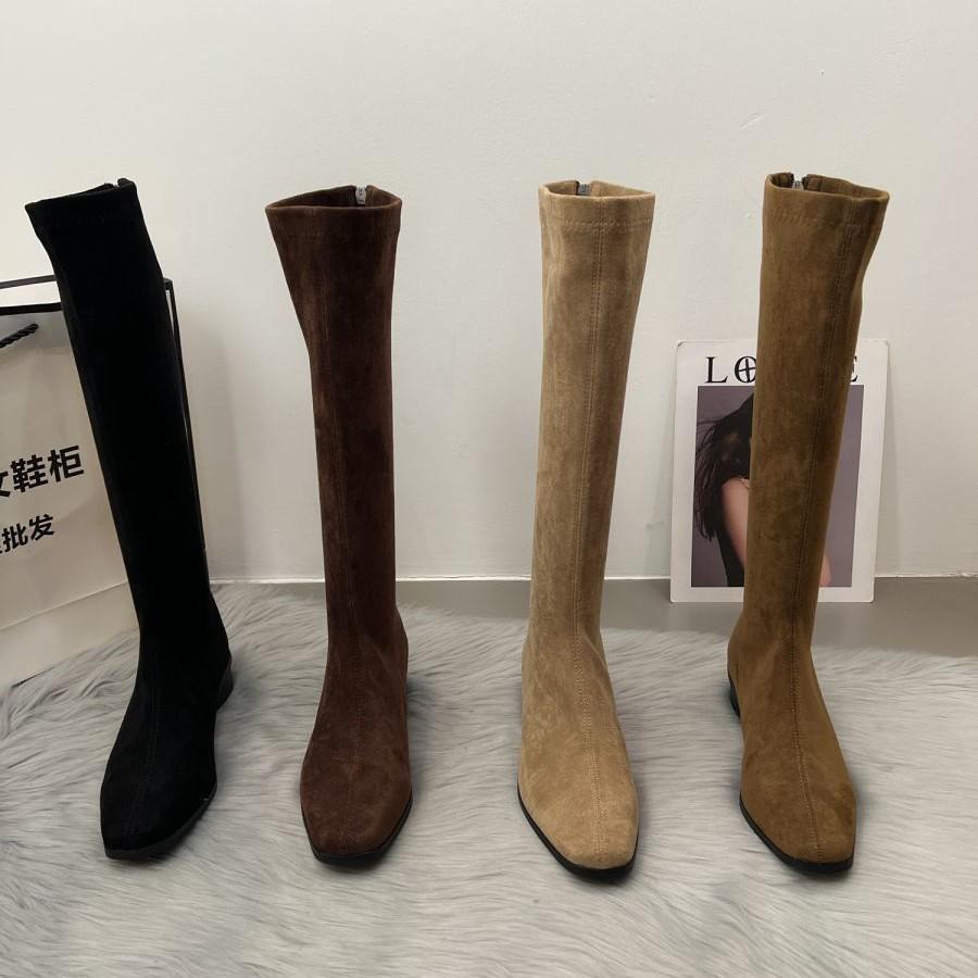 Coarse Heel Suede Elastic Boots But Knee Boots Women's Shoes Autumn and Winter 2025 New Rear Zipper Tall Thin Boots