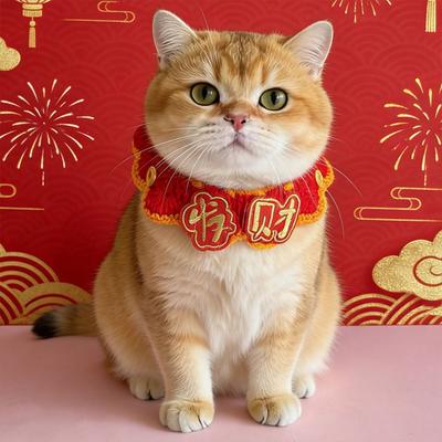 National Style Cartoon Chinese Style Pet Scarf Funny Red Cat Knitted Scarf Decorative Collar Handmade Puppy Collar Home Decor