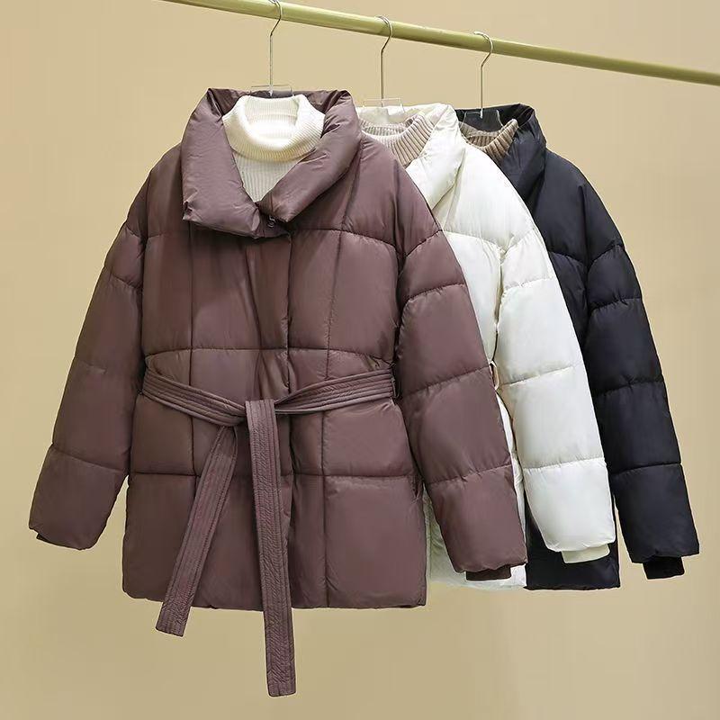New women's waist autumn and winter stand-up collar down cotton clothes solid color lace-up women's versatile coat