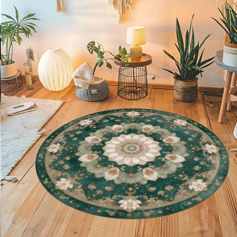 Saliegroen Vintage Roze Roos Rond Tapijt Antislip Wasbare Mat Voor Boerderij Slaapkamer 120x120cm