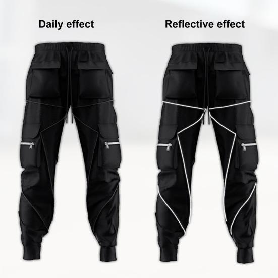 Men Cargo Pants Ankle-banded Reflective Patchwork Multi Pockets Loose Casual Straight Leg