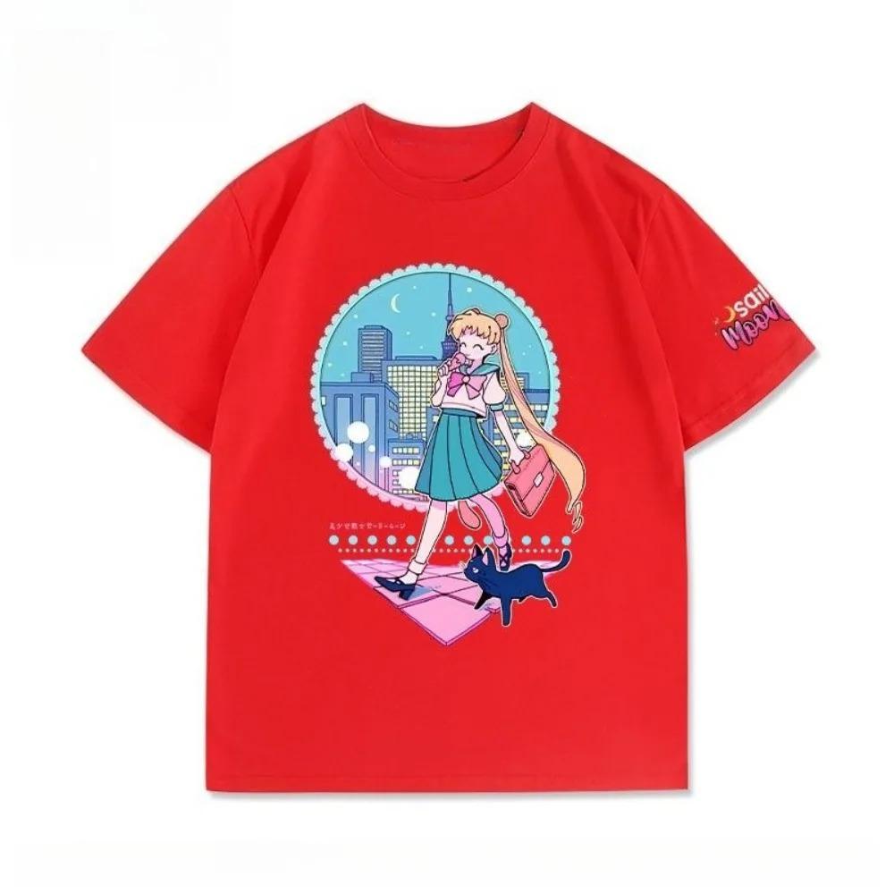 Camiseta Estampa Cena Noturna da Cidade Sailor Moon Tsukino Usagi & Gato Luna | Algodão Casual Unissex Manga Curta Anime Streetwear Top