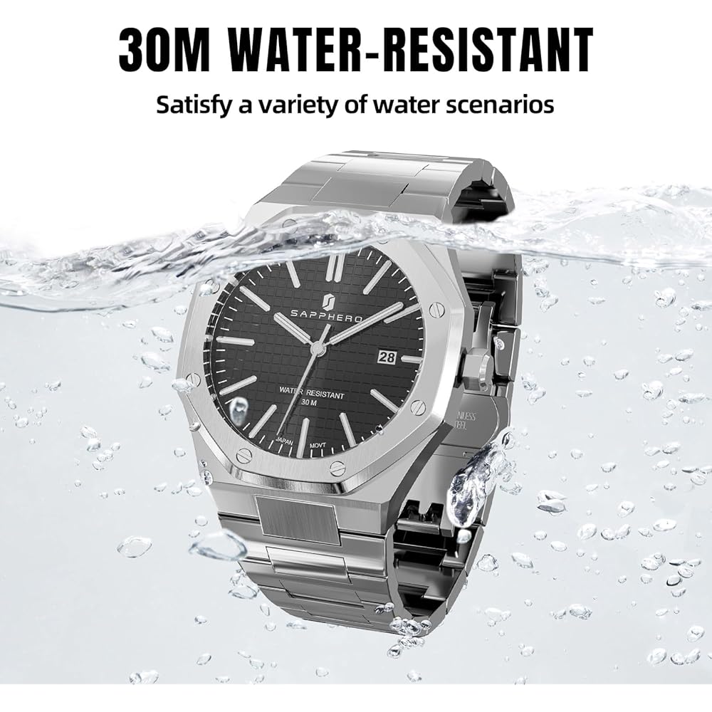 SAPPHERO Men's Octagonal Stainless Steel Waterproof Luminous Wrist Watch Analog Quartz Date Dress Business Casual Gift