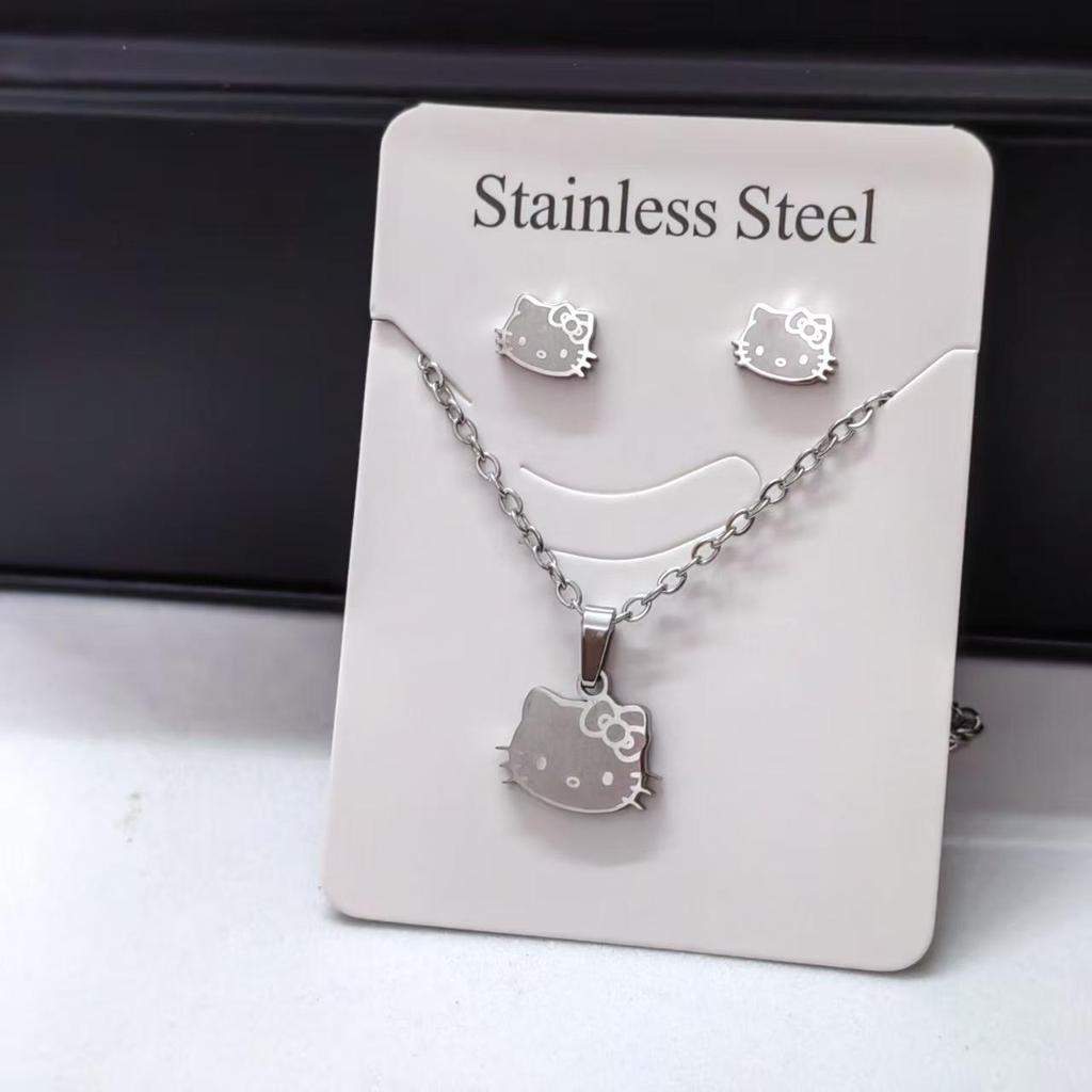 KT Cat Sweet Earrings & Necklace Set: Cute Cartoon Design for Girls