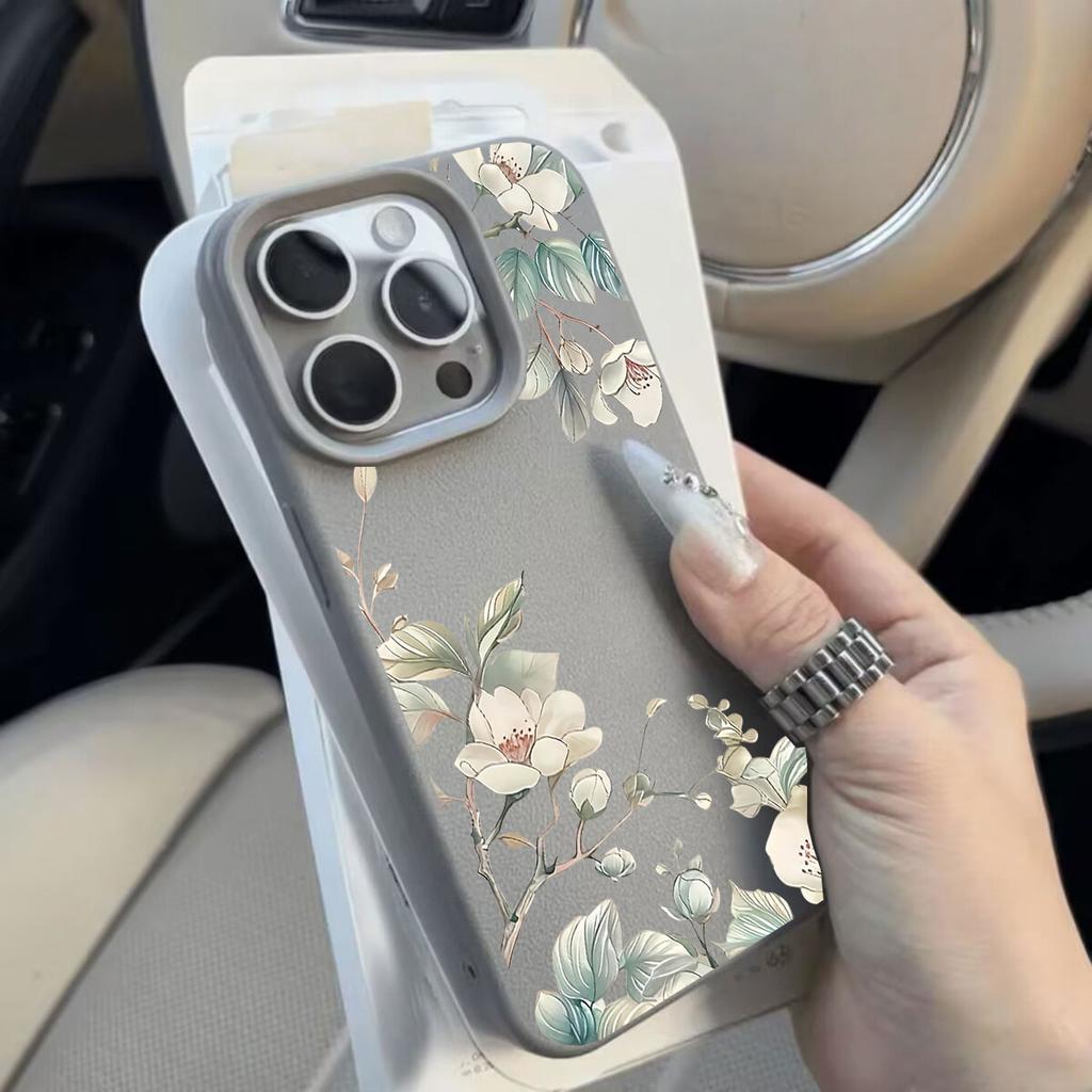 White Flowers Leaves Leather Phone Case For IPhone 15 12 14 13 11 16 17 Pro Max Plus 17 Air 16E Silicone New Design Luxury Cover