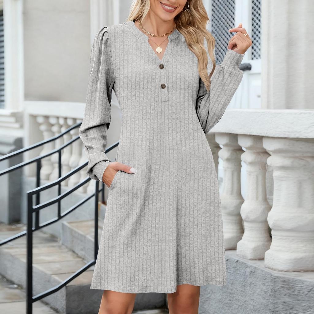 Women's Casual Fashion -color V-neck Brushed Ribbed Button Pocket A-line Long-sleeved Dress