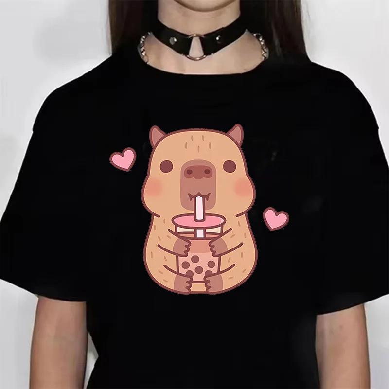 Funny Anime Capybara T Shirt Women Soft Fabric Tshirt Female Anime Clothing T-shirt Girls Capibara Tee Tshirt Graphic Tops