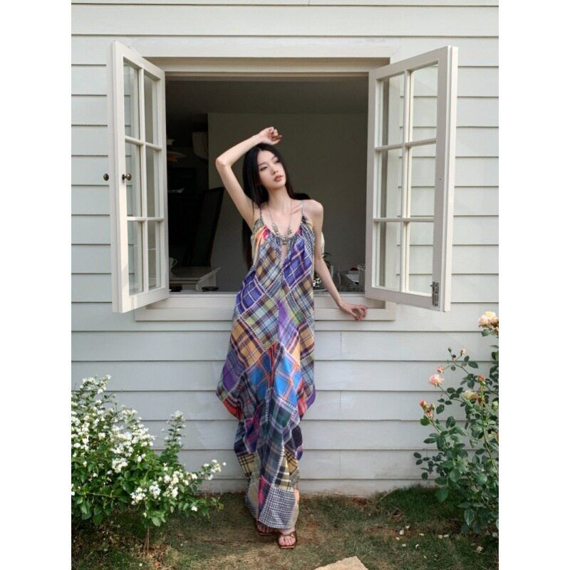 

Real Shot of In-Stock Holiday-Style Plaid Retro Print Long Summer Slip Dress Picture Color One size fits all