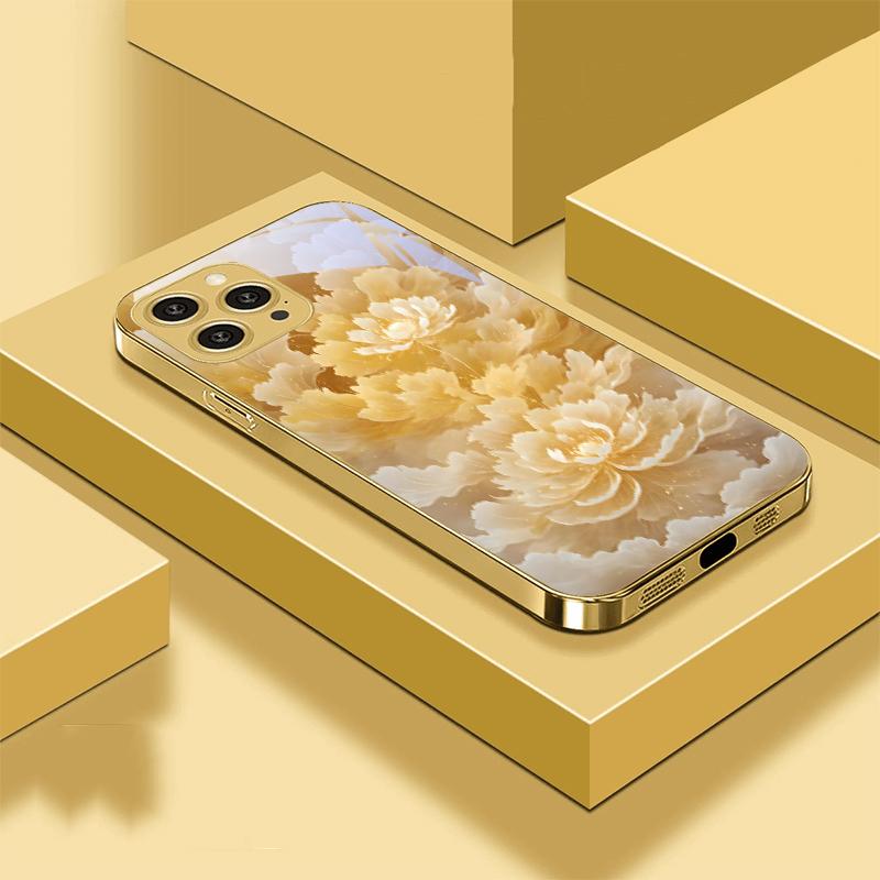 Golden Flowers And Phoenixes For IPhone 16 Pro Max 15 P Ro 14 M Ax 13 Plus 12 Mini 11 XS Max XR Golden Tempered Glass Phone Case