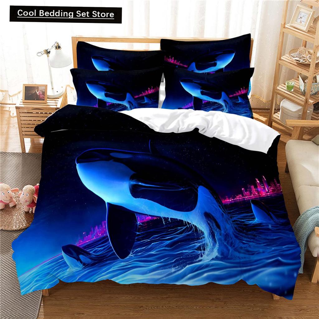 Whales King Queen Duvet Cover Ocean Animal Bedding Set Seaweed Starfish Marine Life Quilt Cover Blue Polyester Comforter Cover