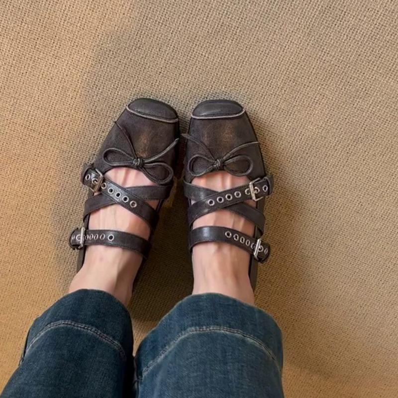 Leather Version~ Square Head Bow Sports Ballet Shoes Cross Buckle Belt Shallow Mouth Retro Mary Jane Shoes Women's Single Shoes