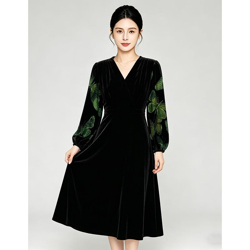 V-neck Velvet Waist Cinched Dress
