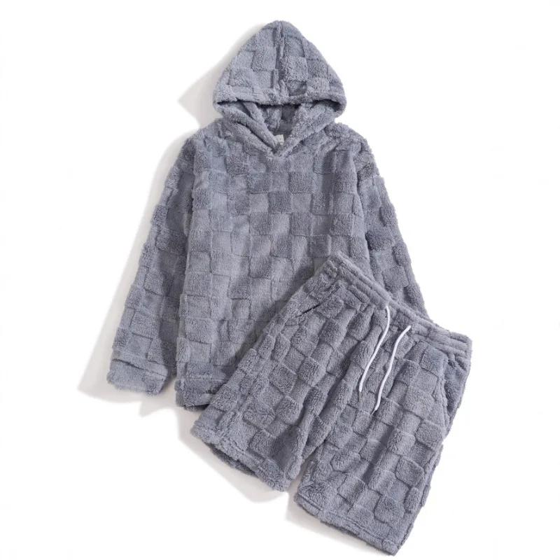 

Round Neck Long-sleeved Shorts Square Plaid Furry Personalized Two-piece Set Autumn and Winter New Slim Casual Men s S сірий колір