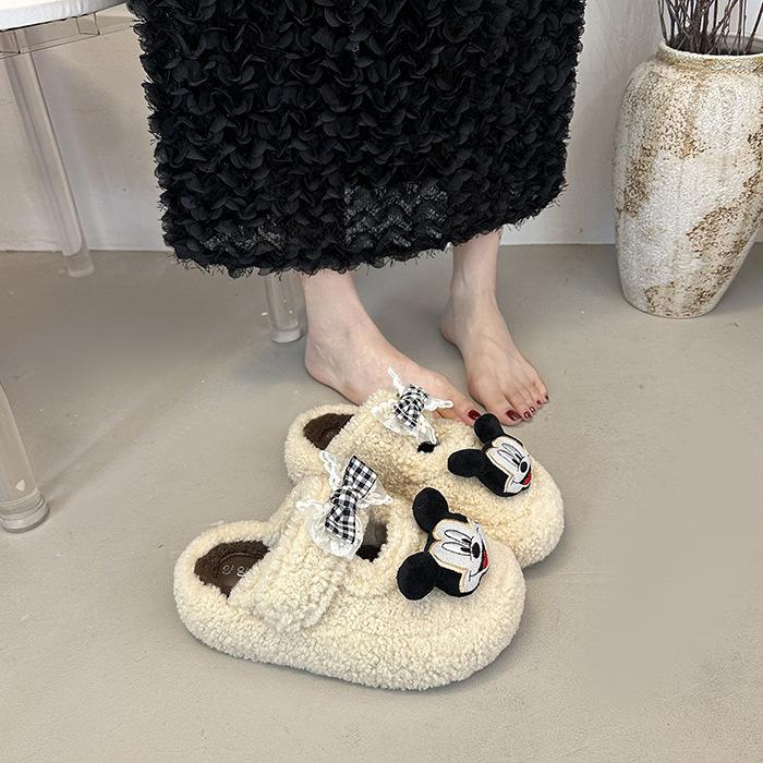 Cute Cartoon Mickey Non-slip and Versatile One-word Fluffy Slippers Women's 2025 Autumn and Winter New Thick-bottomed Warm Cotton Slippers
