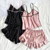 Pigiama da donna in raso liscio, maglietta scollo a V, bordi arricciati e shorts con fiocco, set pigiama semplice e traspirante, canottiera, abbigliamento da casa