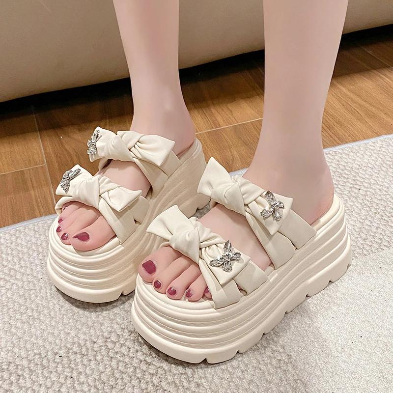 9CM Women's Chunky Slippers Summer High Platform Wedges Shoes Woman Butterfly-Knot Beach Flip Flops Thick Bottom Sandalias Mujer