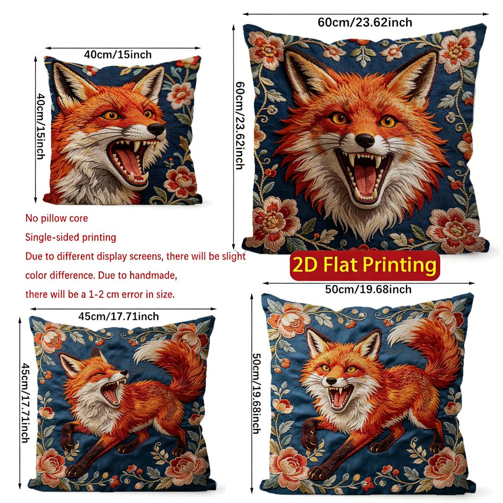 Vintage Embroidery Style Fox Throw Pillow Covers Pattern Cushion Cover Suitable for Sofa Bedroom Car Pillow Cover