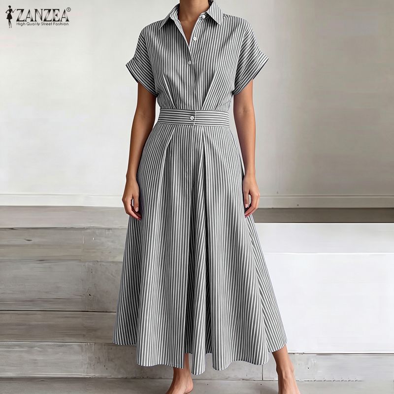 ZANZEA Womens Casual Turn Down Collar Polka Dot Print Short Sleeve Dress