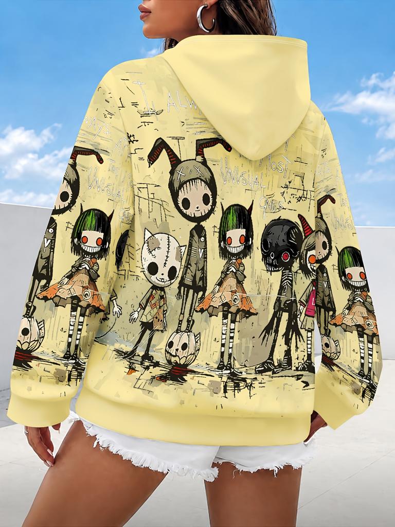 Lazy Women's Hoodie with Scary Cartoon Characters On Hoodie Women's Hooded Pullover Sweatshirt Fashionable Top