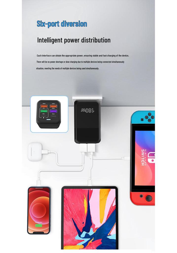 180W GaN Multi-Port Fast Charger with USB+PD, Auto Power Off, and Safety Protection