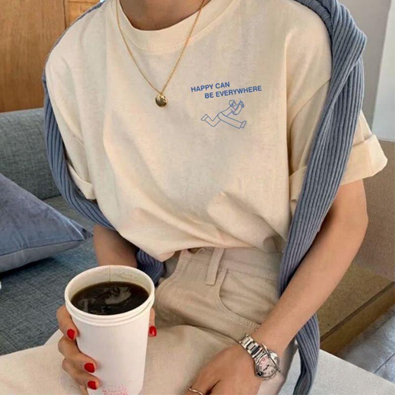 Happy Can Everywhere American Vintage Drinking Coffee Print Cotton Loose Short Sleeve T-shirt Women