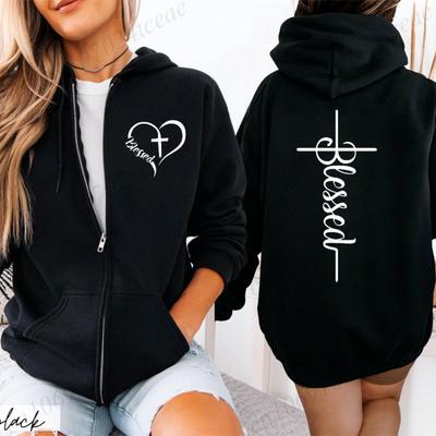 Damen Kapuzenpullover mit Reißverschluss Herbst Winter Neue Mode Zip-Up Hoodies Blessed and Heart Sweatshirt Damen Streetwear Blessed Cross Mäntel