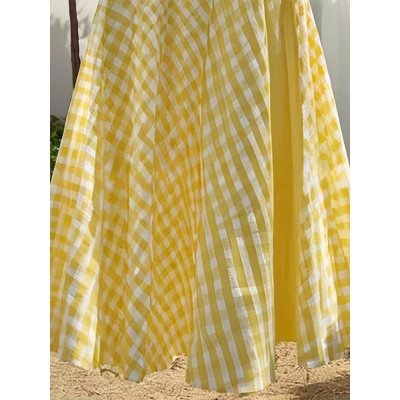 Spring Summer Skirt Dopamine Yellow Waist Plaid Design Long Skirt for Women