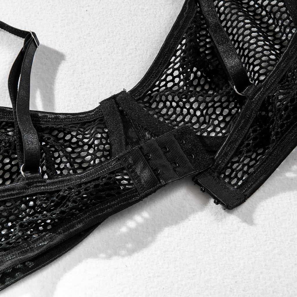 Ästhetisches Y2k Mesh Hollow Out BH-Sets Solider Tanga Lange Ärmel Ultrakurze Bluse Sexy Fun Dreiteiliges Uniform-Set