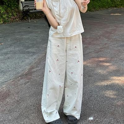 Weiße Kirschbedruckte Baumwolle Leinen Weitbein Freizeithose für Damen Im Sommer Dünn und Hochtailliert Schlankmachende Gerade Bein Bodenlange Hose