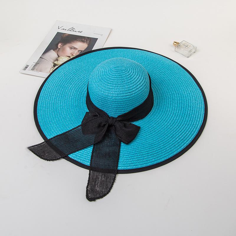 Damen Strohsonnenhut mit extra breiter Krempe, Sommer UV-Schutz Hut mit breiter Krempe und Schleife, Strand Sonnenschutz Schlapphut, Elegante Urlaubsreise Sonnenkappe