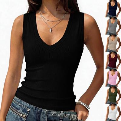 Deep V Neck Tank Tops For Women Summer Fashion Clothes Sexy Casual Ribbed Fitted Sleeveless Going Out Tops