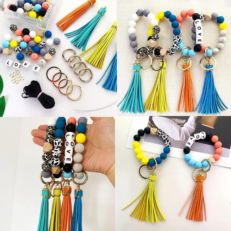Beaded Making Kit for Bracelet Car Wristlet Keychain Contains 15mm Round Letter Beaded Leather Tassel Elastic for Key Ri