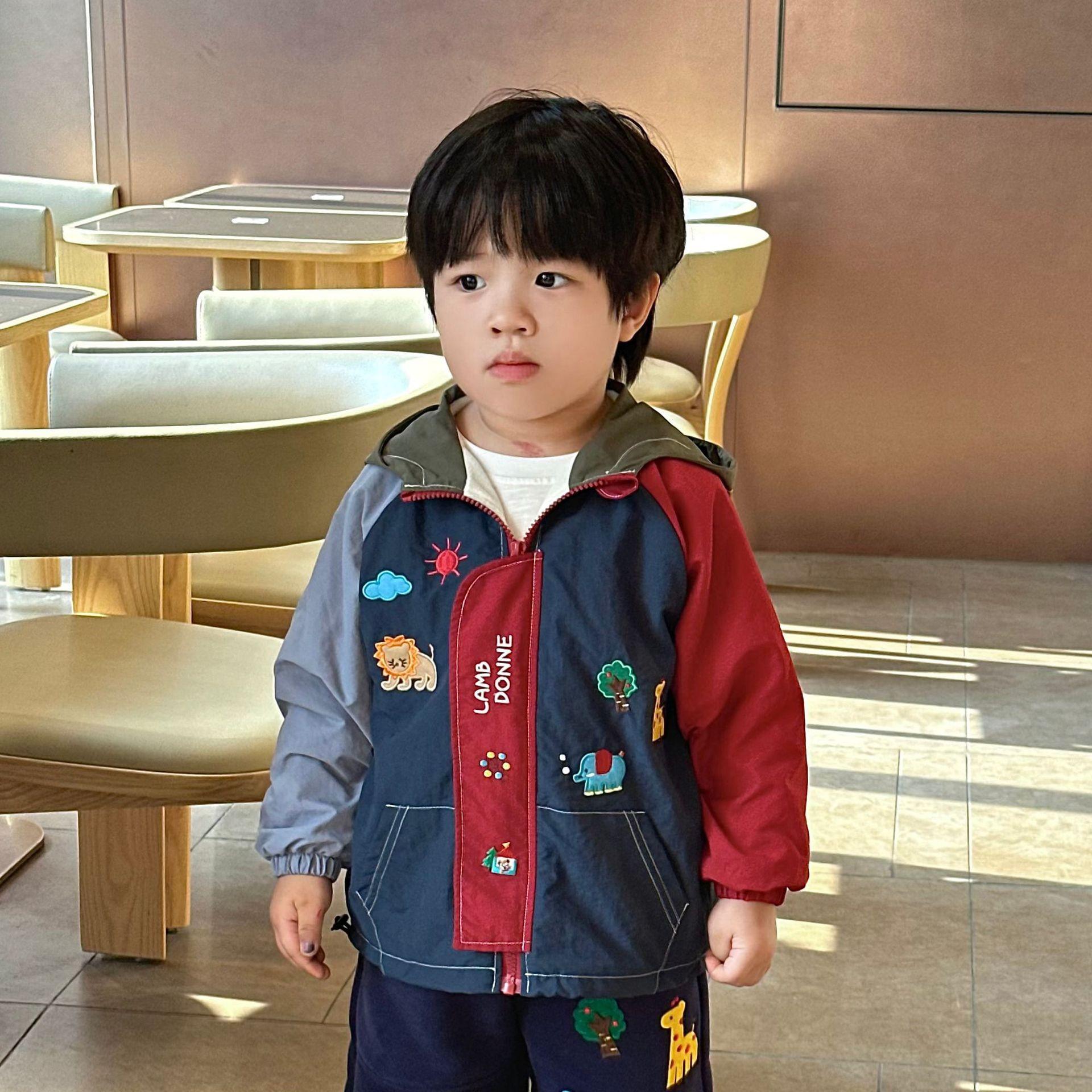 Japanese Style Boys Fleece-Lined Color-Blocked Hooded Cardigan Jacket 110cm
