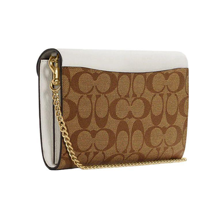 Coach Tammie 21 Classic Color Block Chain Strap Coated Canvas Pebble Leather Crossbody Bag Small Women Crossbody Bag Khaki White C7301-IMDJ8