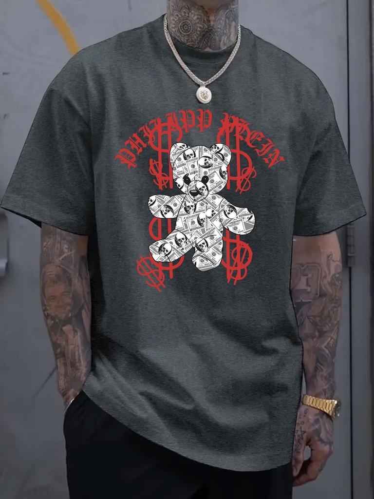Trendy Bear Graphic Printed Short Sleeved Luxury Cotton T-shirt for Summer Unisex Men and Women, Casual Loose Fashion Trendy