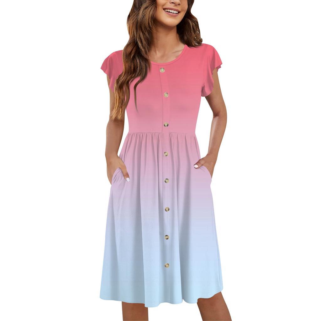 Women's Round Neck Summer Fly Sleeve Casual Printed Loose Button Pocket Midi Dresses