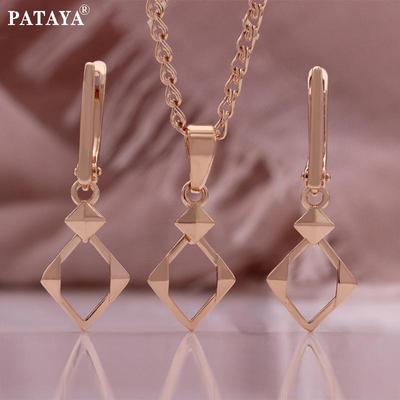 Rose Gold Color Geometric Glossy Earrings Pendant Necklace Combination Set