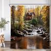 Autumn Forest Landscape Shower Curtains Red Maple Trees Waterfall Log Cabin Bear Fall Scenery Fabric Home Bathroom Curtain Decor