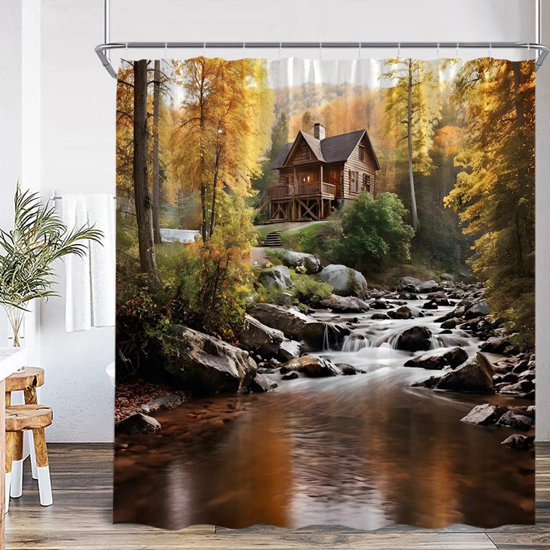 Autumn Forest Landscape Shower Curtains Red Maple Trees Waterfall Log Cabin Bear Fall Scenery Fabric Home Bathroom Curtain Decor