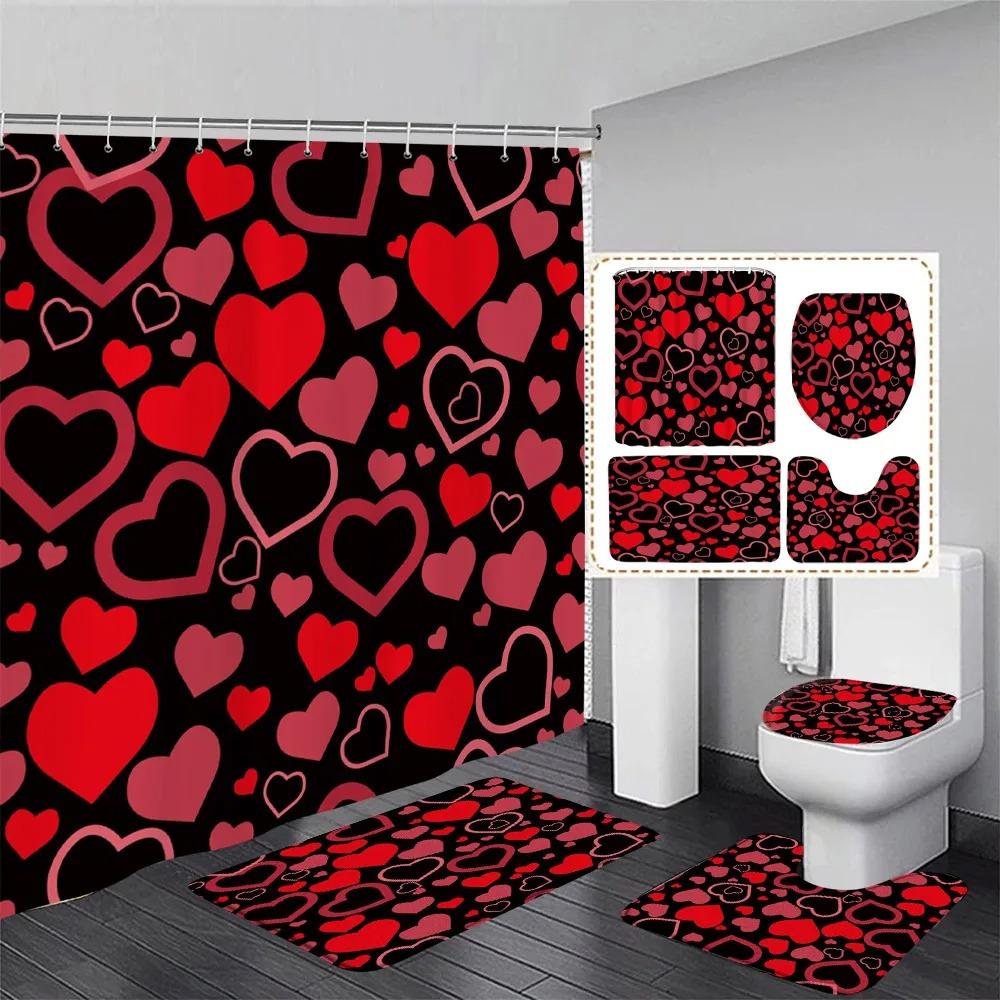 Valentine'S Day Shower Curtain Set Red Heart Shaped Rose Flowers Lovers Gift Home Bathroom Decoration Bath Mats Toilet Lid Cover